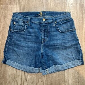7 For All Mankind Blue Denim High-Waist Roll-Cuff Shorts
